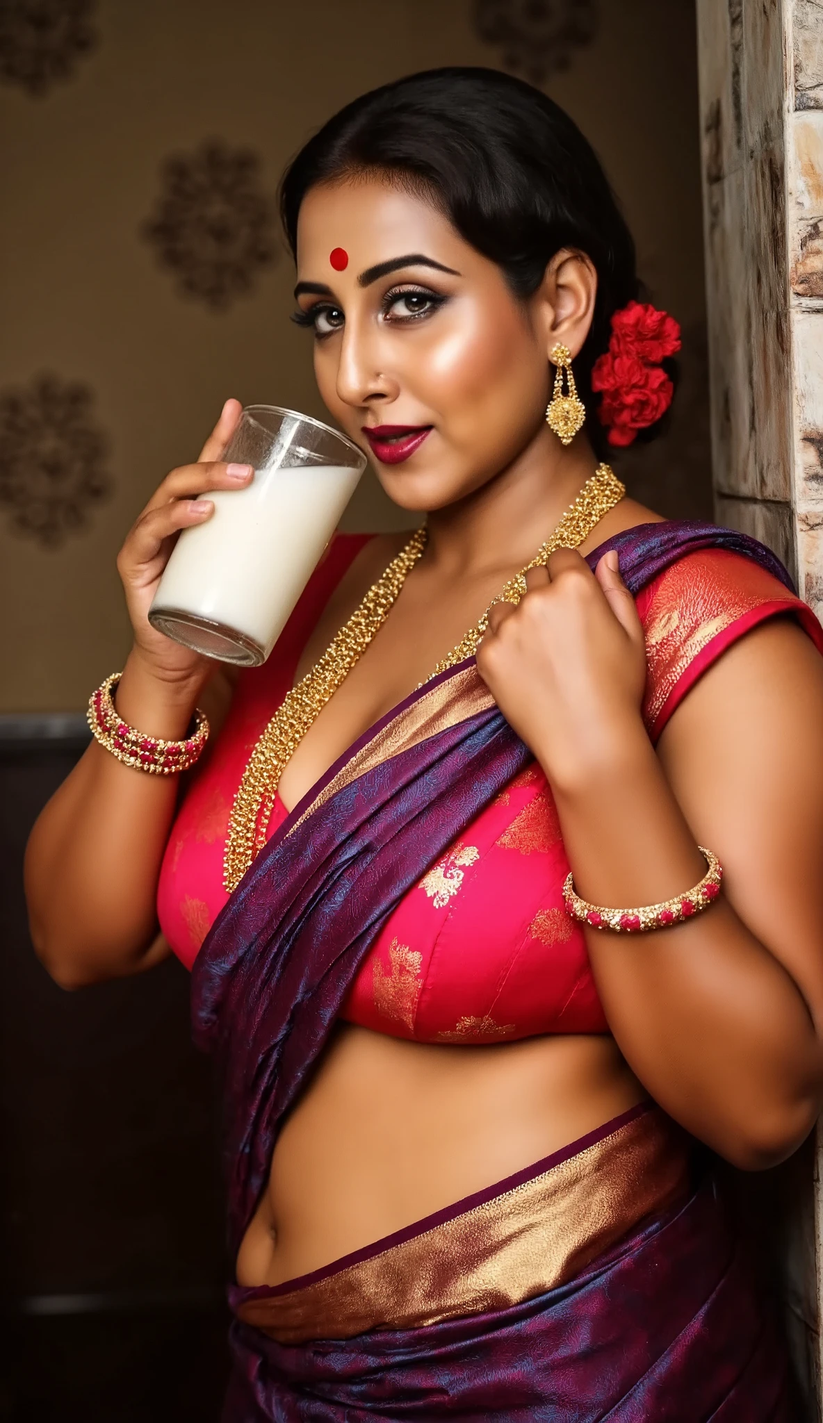 In a sumptuous, traditional indoor setting, the South Asian woman stands near the 20yo black boy, radiating an aura of irresistible seduction. Dressed in a maroon sari with intricate gold embroidery, the fabric hugs her voluptuous curves, accentuating her thick body and hourglass shape. Every movement she makes is purposeful, drawing attention to her big breasts and wide hips. Her gold jewelry—necklace, bangles, and nose ring—shines with elegance, further enhancing her regal presence.

Her updo hairstyle, adorned with a red flower and gold hairpin, perfectly frames her face, which is defined by bold, smoky eyes and long curled lashes. Her cat-like gaze is both intense and luring, pulling in anyone who dares to meet her eyes. Her lips curl into a teasing smile, playful and provocative, as she slowly lifts a glass of milk to her lips.

As the boy watches, she takes a deliberate sip, her eyes never leaving his. She swirls the milk around in the glass for a moment, savoring the smooth texture, her full lips parting slightly as she drinks, the sensuality of the act amplified by the intimacy of the moment. Her gaze deepens, the air thick with the sensual tension between them, as she leans slightly toward him, offering him a knowing, teasing smile. The milk, white and smooth, contrasts with the deep red of her sari and the gold accents of her jewelry, a visual feast of elegance and indulgence.

With a playful glint in her eye, she places the glass down and encourages him to drink more, though this time her seductive cheering takes on a new intensity, as she herself savors the milk with slow, deliberate movements. Her body language oozes confidence, as if she’s fully in control of the situation, coaxing the 20yo boy with both her charm and her actions.

The 20yo black boy is wearing black shorts only, remains captivated, his hand still resting on her shoulder, but his focus is entirely on her. The room is bathed in warm lighting, and the ornate wallpaper with subtle beige a