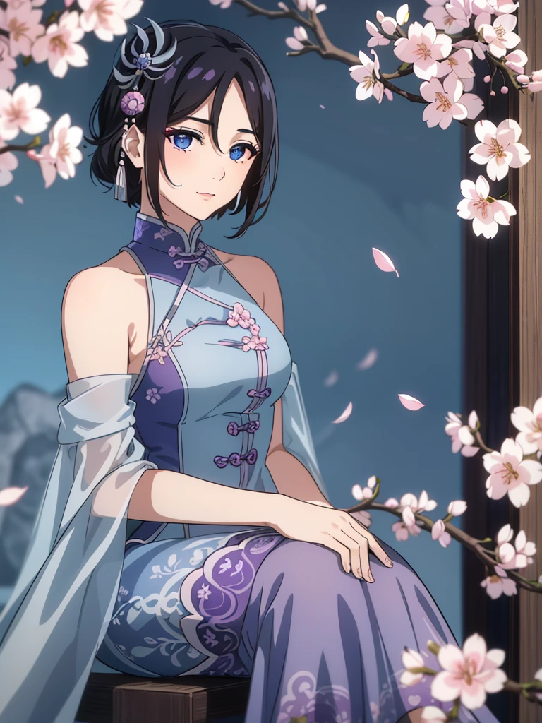 (high-quality, breathtaking),(expressive eyes, perfect face) 1female, girl , solo, teenager, asian woman hairstyle, short hair length, soft wave, black hair color, Heterochromia left eye blue and right eye purple, white and black dress, shawl, blue and purple background, music, gentle smile, swirls in background, music notes background, beautiful background, symmetrical eyes, Qing Dynasty Costumes, hairpin, cherry blossom background
