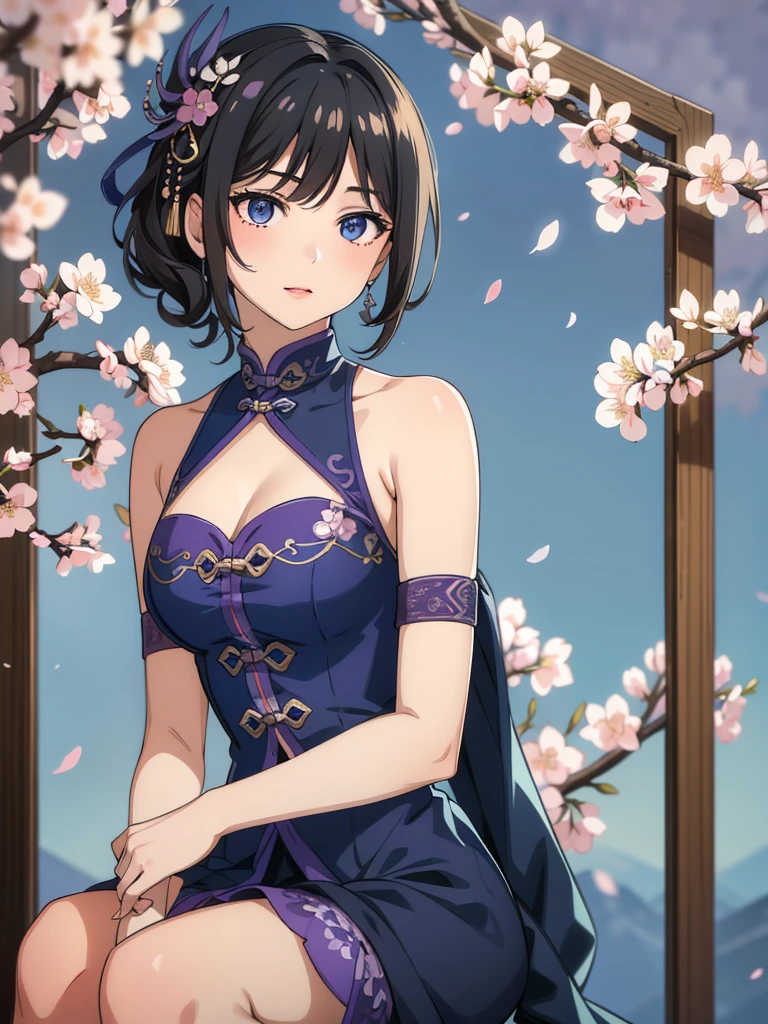 (high-quality, breathtaking),(expressive eyes, perfect face) 1female, girl , solo, teenager, asian woman hairstyle, short hair length, soft wave, black hair color, Heterochromia left eye blue and right eye purple, white and black dress, shawl, blue and purple background, music, gentle smile, swirls in background, music notes background, beautiful background, symmetrical eyes, Qing Dynasty Costumes, hairpin, cherry blossom background
