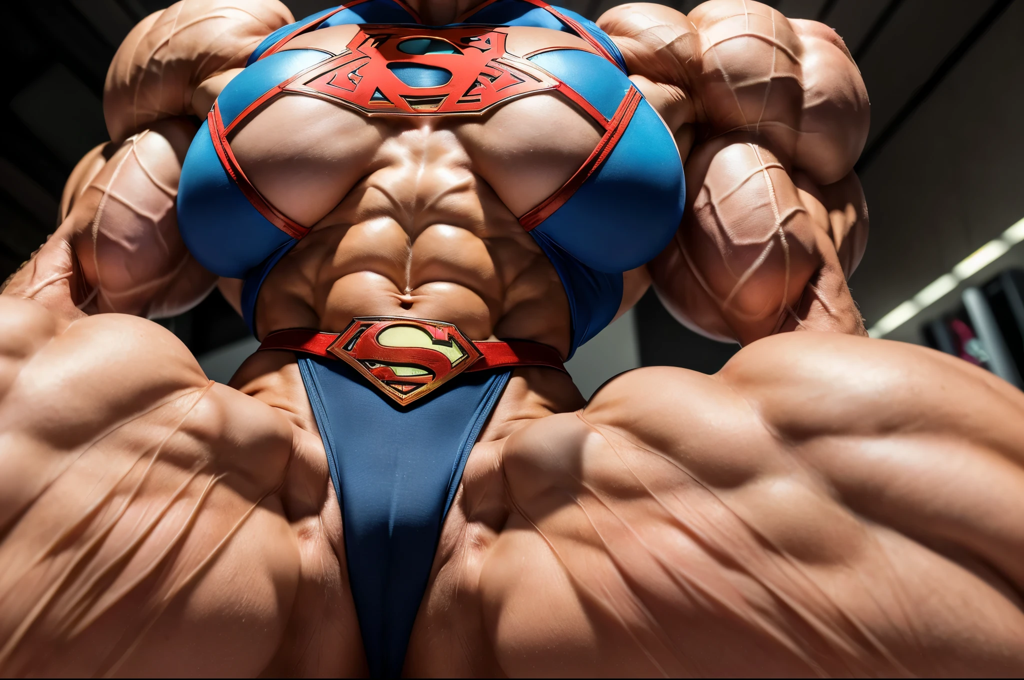 The Big show as a bodybuilder with enormous muscles, wide huge pectorals dressed as a superman, hairy chest, full body, abnormal, oversizing crotch bulging crotch, 
