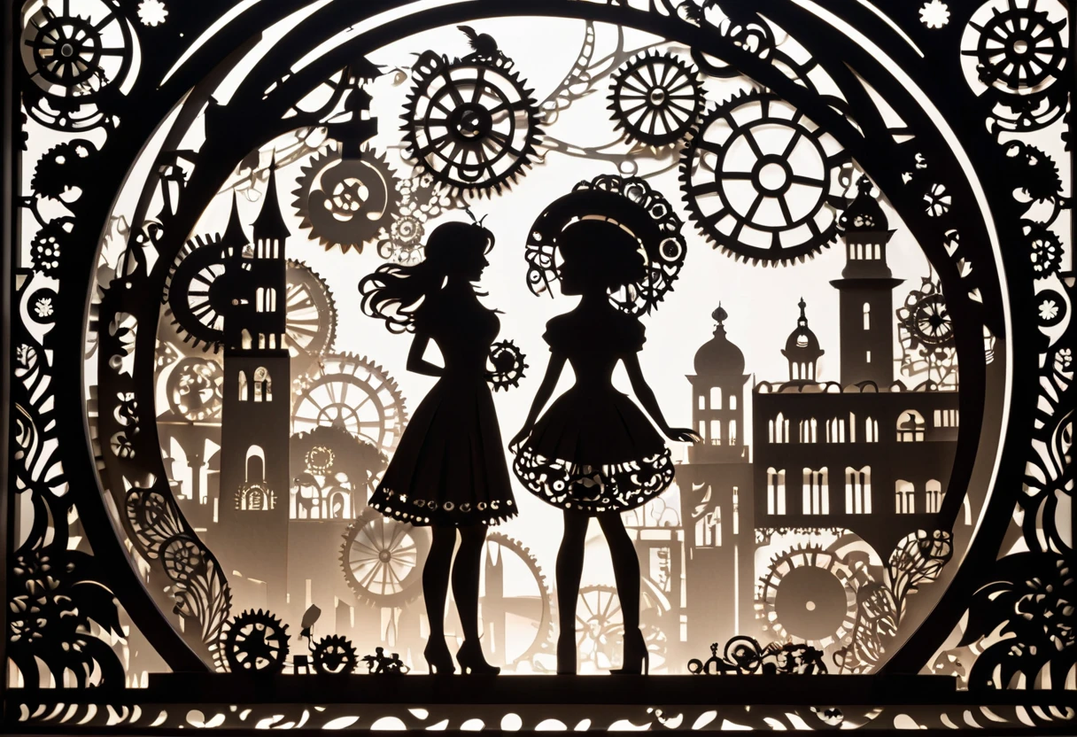 (Masterpiece, BestQuality:1.2),fusion of paper cutting and shadow puppetry, mix of monochrome and color, best quality, super fine, 16k, 2.5D, delicate and dynamic depiction, A town made of gears, steampunk,girl standing,Magnificent Paper Cutout,