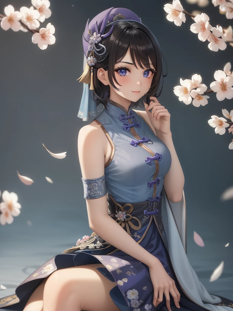 (high-quality, breathtaking),(expressive eyes, perfect face) 1female, girl , solo, teenager, asian woman hairstyle, short hair length, soft wave, black hair color, Heterochromia left eye blue and right eye purple, white and black dress, shawl, blue and purple background, music, gentle smile, swirls in background, music notes background, beautiful background, symmetrical eyes, Qing Dynasty Costumes, hairpin, cherry blossom background
