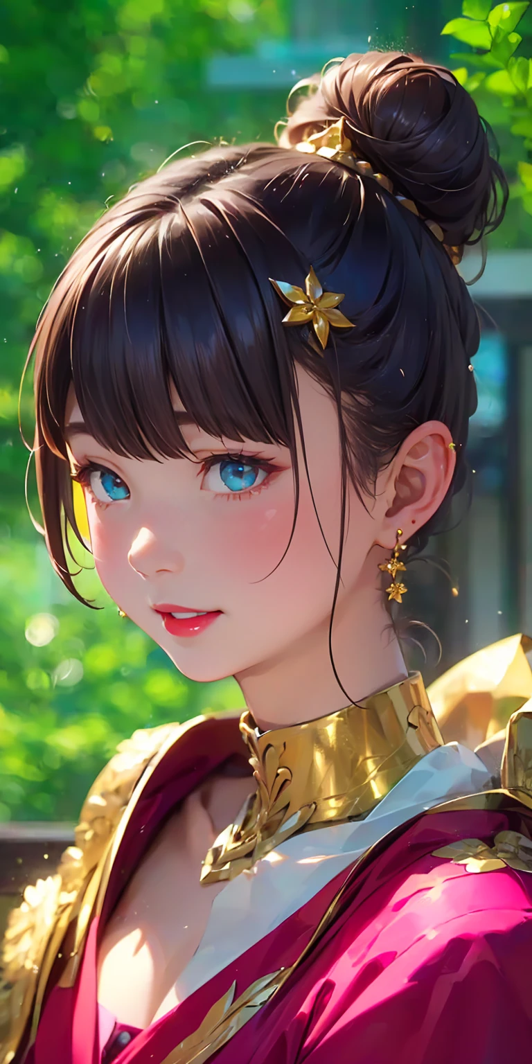 pretty girl, (Brown Hair), ((very bun hair)), Perfect Face, An innocent smile, Upper Body,(Cerulean Eyes), ((Only 16)), Skin dents, Very detailed, Attractive oval face, Red lips, pink, Shiny skin, Thin Hair, Face Focus, Chest close-up, Gorgeous hair ornament, Gold earrings, ((1 girl)), Embarrassed look,