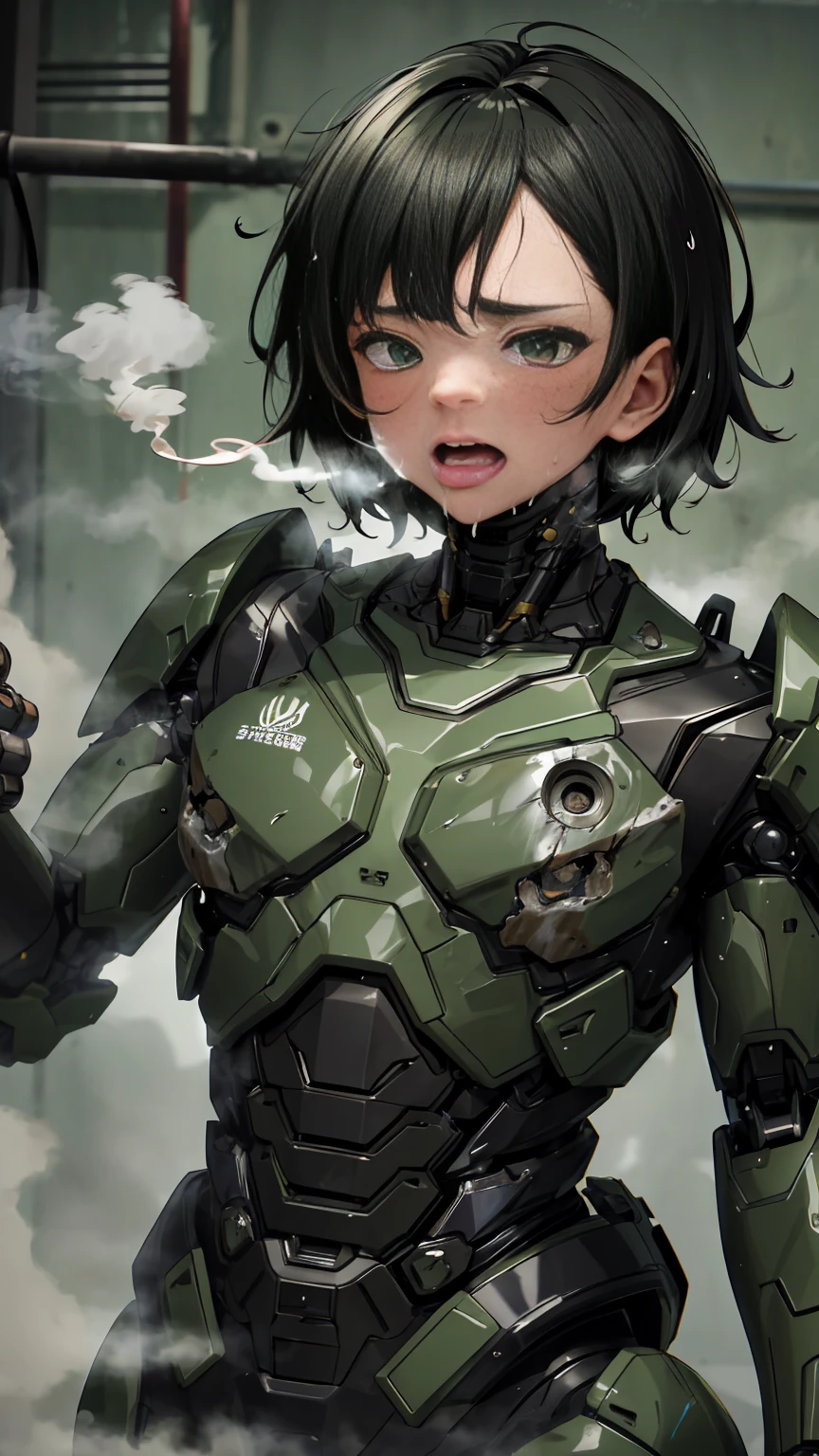 ,   several people having fun with each other while having very detailed  ,   Graveyard Details   ,  High image quality , 最 High image quality ,   kampala, 1080P 、  Smoke from the Wound が出ている  　green armor、    Steam Coming Out   、cute((全身のSerious damage))(   Injury Woman Wearing a Robotic Suit...)  Smoke from the Wound が出ている  )   Black Hair Freckles 、  short hair　  wet hair  、 Open Your Mouth 、(  steam from the body  が上がる)Sweaty face　Serious damage、、saliva dripping from the mouth、 elementary school girl　(  Steam is Coming Out of Your Face  ) ((  steam from the body  ))   seen with the naked eye  　saliva　 Smoke from the Wound 　 Overall Tattered 