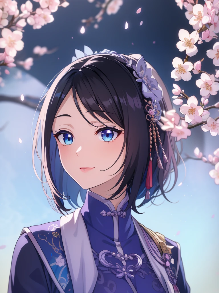 (high-quality, breathtaking),(expressive eyes, perfect face) 1female, girl , solo, teenager, asian woman hairstyle, short hair length, soft wave, black hair color, Heterochromia left eye blue and right eye purple, white and black dress, shawl, blue and purple background, music, gentle smile, swirls in background, music notes background, beautiful background, symmetrical eyes, Qing Dynasty Costumes, hairpin, cherry blossom background, young face