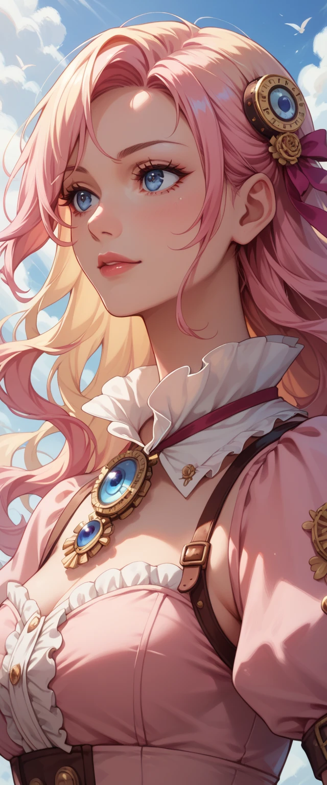 best quality, masterpiece, upper body, woman, blonde hair blown in the wind, shining eyes, steampunk nude style, thin clothes, pink clothes, pink hair