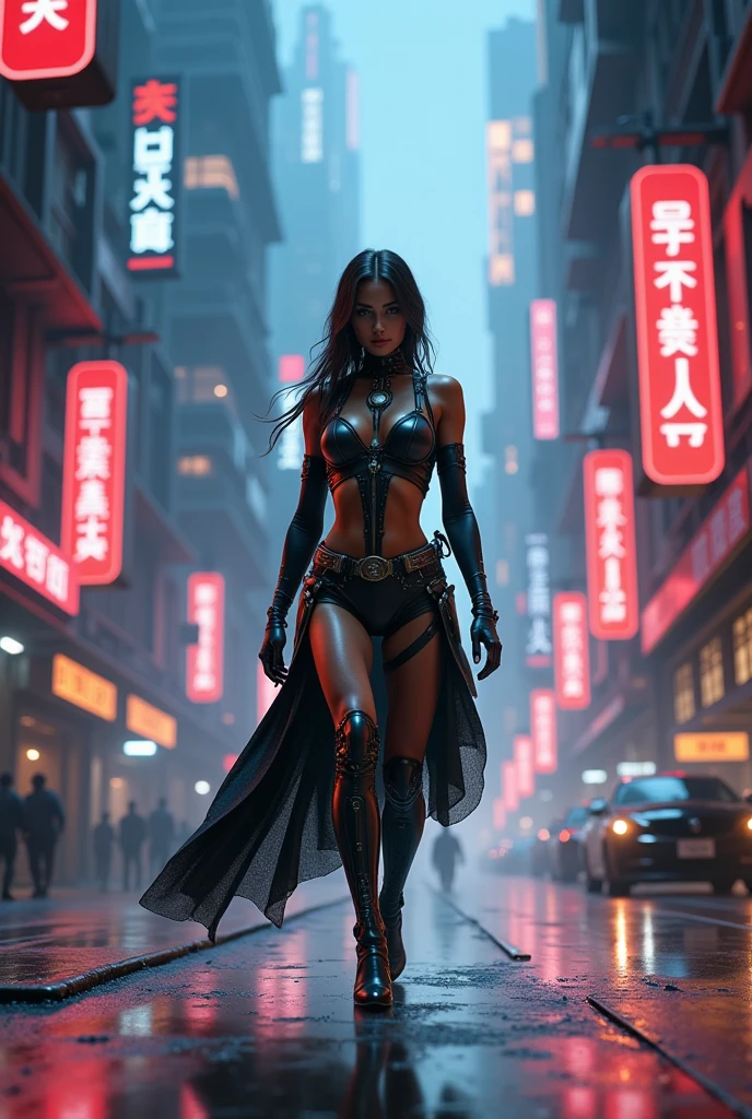 photorealistic cyberpunk girl walking on the Neon Street at night, solid dark with neon light, stunning scenic photographic, dramatic gradient color lights, long neon light trails behind her