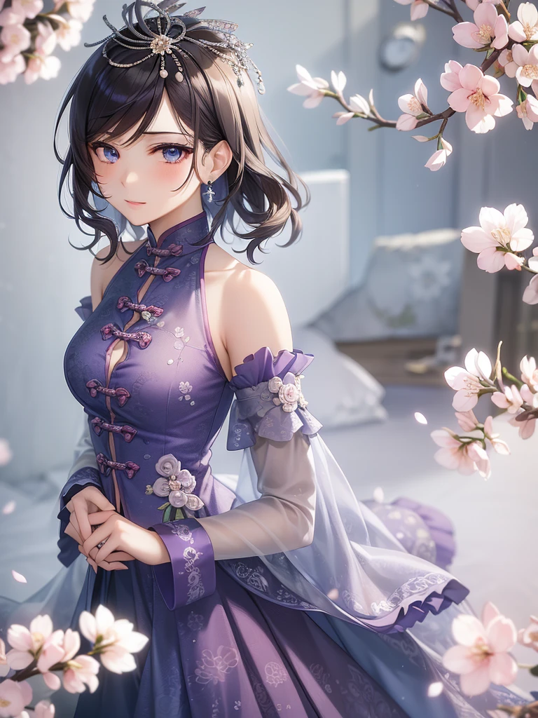 (high-quality, breathtaking),(expressive eyes, perfect face) 1female, girl , solo, teenager, asian woman hairstyle, short hair length, soft wave, black hair color, Heterochromia left eye blue and right eye purple, white and black dress, shawl, blue and purple background, music, gentle smile, swirls in background, music notes background, beautiful background, symmetrical eyes, Qing Dynasty Costumes, hairpin, cherry blossom background
