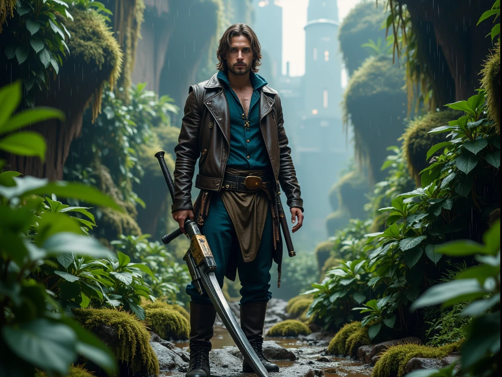 A man standing in front of a big city in a dense, lush rainforest. The city is a blend of futuristic architecture with sleek, glowing structures interwoven with ancient, moss-covered ruins. The jungle surrounds the city, thick with vibrant, oversized foliage and misty rain. The man is facing the camera, with a strong and determined expression. He holds a hybrid weapon—half a traditional, gleaming sword and half a sleek, advanced futuristic gun. He wears a half-leather jacket, weathered and worn, over a rugged, old dirty pair of pants, giving him a blend of fantasy and futuristic warrior vibes. The rain is gently falling, glistening off his jacket and the foliage around him. His stance is strong, ready for whatever lies ahead in this mysterious, high-tech yet ancient world.A man standing in front of a hidden city in a dense, lush rainforest. The city is a blend of futuristic architecture with sleek, glowing structures interwoven with ancient, moss-covered ruins. The jungle surrounds the city, thick with vibrant, oversized foliage and misty rain. The man is facing the camera, with a strong and determined expression. He holds a hybrid weapon—half a traditional, gleaming sword and half a sleek, advanced futuristic gun. He wears a half-leather jacket, weathered and worn, over a rugged, old dirty pair of pants, giving him a blend of fantasy and futuristic warrior vibes. The rain is gently falling, glistening off his jacket and the foliage around him. His stance is strong, ready for whatever lies ahead in this mysterious, high-tech yet ancient world.