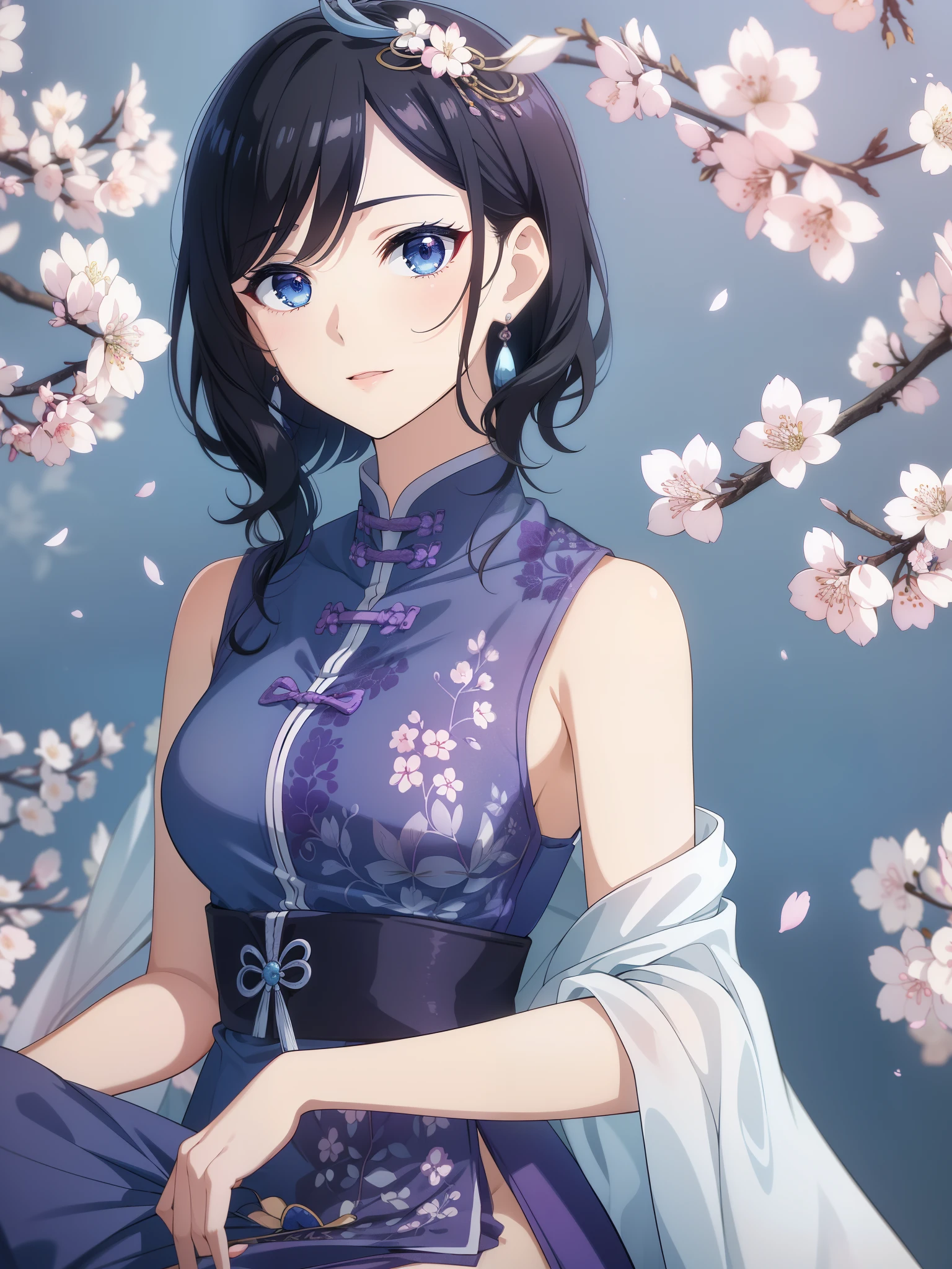 (high-quality, breathtaking),(expressive eyes, perfect face) 1female, girl , solo, teenager, asian woman hairstyle, short hair length, soft wave, black hair color, Heterochromia left eye blue and right eye purple, white and black dress, shawl, blue and purple background, music, gentle smile, swirls in background, music notes background, beautiful background, symmetrical eyes, Qing Dynasty Costumes, hairpin, cherry blossom background
