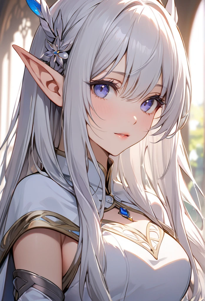 (watercolor: 1.2), elf princess, lilac flower, freckles, bangs, gray hair, long hair, lilac eyes, hair between eyes, earrings, blurred background, high resolution, beautiful breasts, medium chest, full body --auto --s2