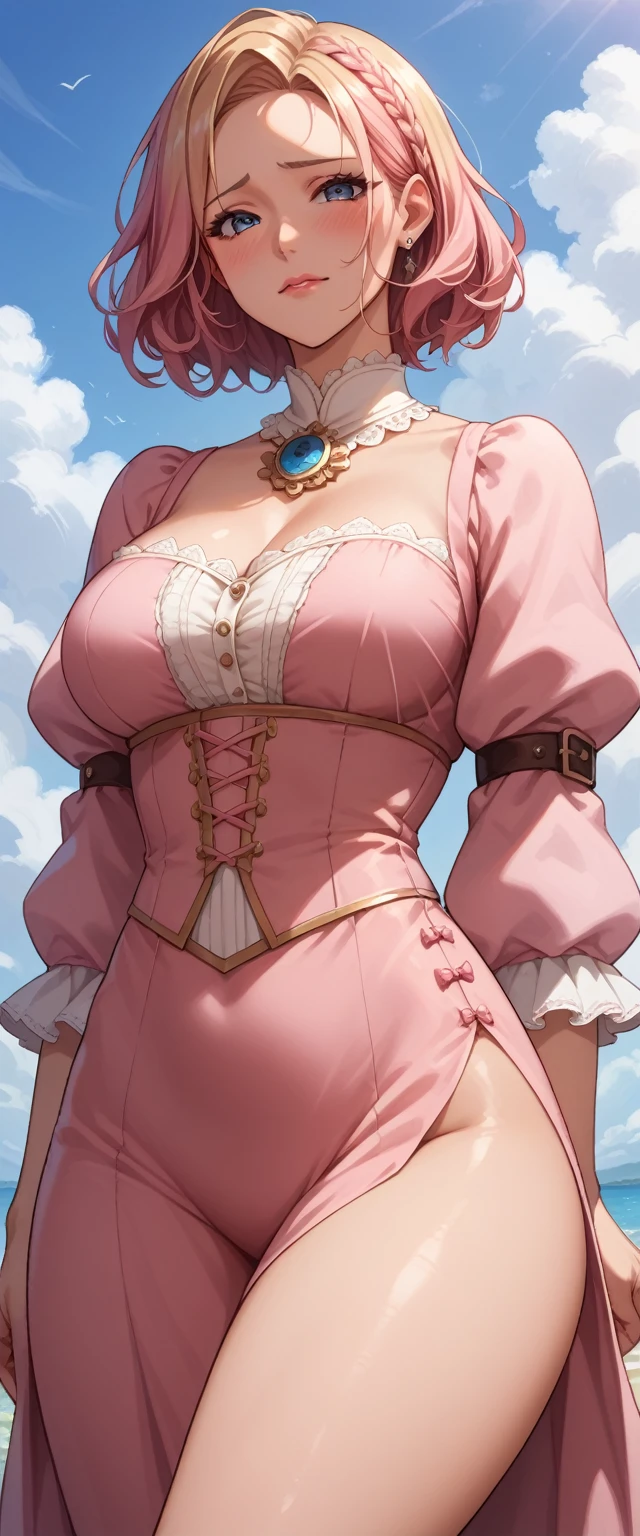 best quality, masterpiece, upper body, woman, blonde hair blown in the wind, shining eyes, steampunk nude style, thin clothes, pink clothes, pink hair, Score_9, Score_8_up, Score_7_up, Score_6_up, Score_5_up, Score_4_up, Source_anime, Tag1, Tag2, Quality_masterpiece, Anatomically correct, Beautiful face, Perfect face, Highly detailed beautiful face and eyes, Attractive face, Detailed face, Delicate facial features, Detailed skin, medium breasts, Wide hips, medium butt, big butt, Thick thighs, Sensual woman, Mature female, Milf, Motherly, Seductive, Embarrassed, Shy, l Looking at viewer, 