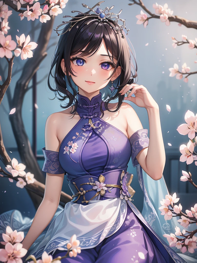 (high-quality, breathtaking),(expressive eyes, perfect face) 1female, girl , solo, teenager, asian woman hairstyle, short hair length, soft wave, black hair color, Heterochromia left eye blue and right eye purple, white and black dress, shawl, blue and purple background, music, gentle smile, swirls in background, music notes background, beautiful background, symmetrical eyes, Qing Dynasty Costumes, hairpin, cherry blossom background
