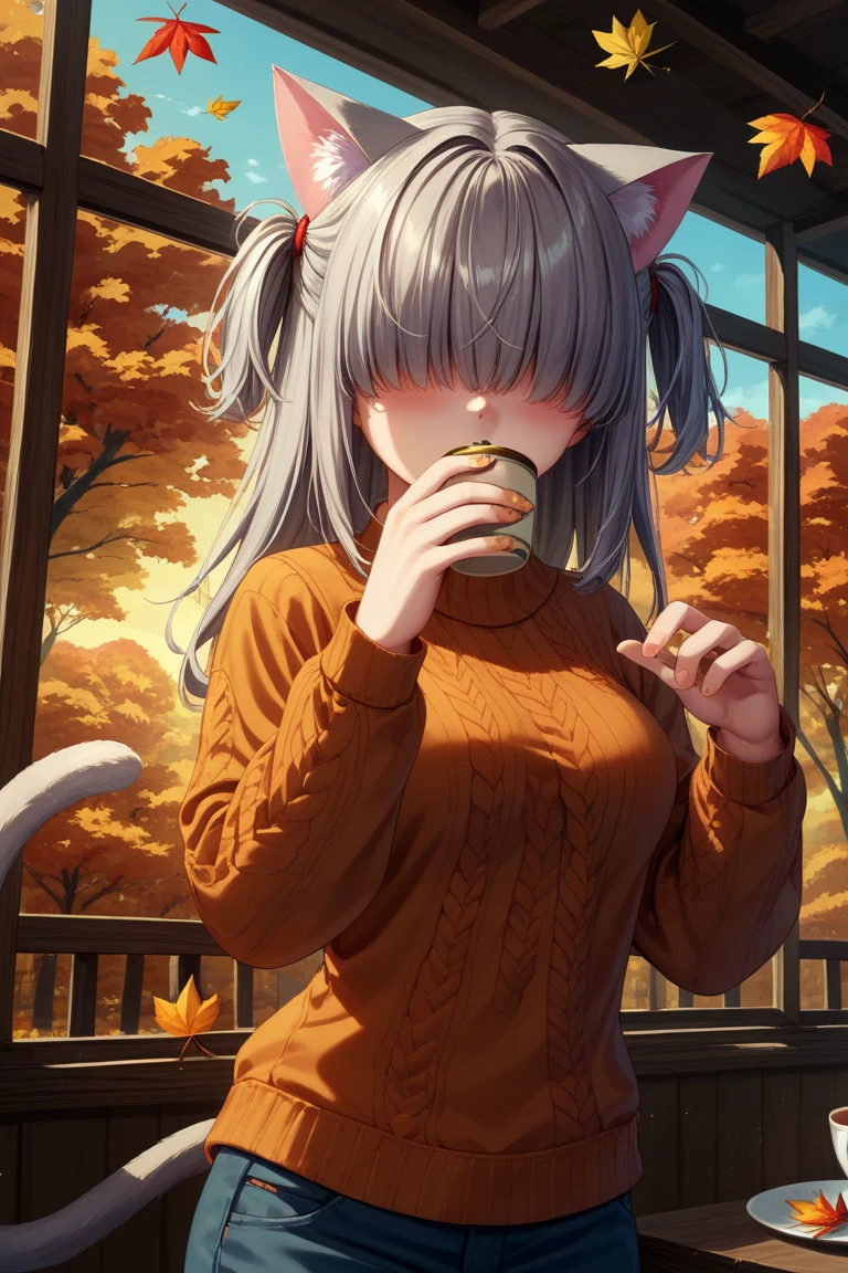 1girl,dramatic angle,blush,(no eyes,hair over eyes,grey hair,two side up),(cat ears,cat tail),Autumn Clothes、She is wearing a knitted sweater,(The scenery is full of colorful orange autumn leaves., red, yellow.), The leaves are falling around her,Autumn background、The background is a pale pastel colored landscape.,medium breasts,Nice hands,Perfect hands,detailed background,Inside the Cafe,While drinking tea,Autumn background,The background is a pale pastel colored landscape.,Outside the window,the colorful leaves are dyed orange.