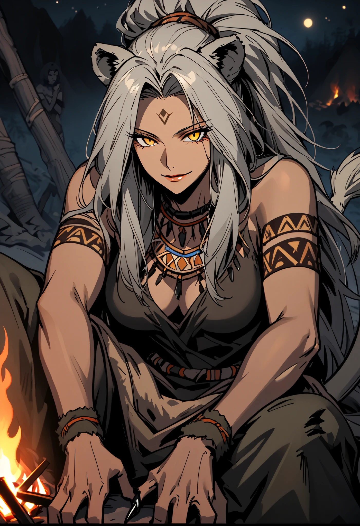 solo, female, lion woman, woman in her 50s, crows feet:1.3, very tall, broad shoulders, fit, bulky body, extremely long hair, tied hair, cavewoman, prehistoric, large beast claws, camp, night, bonfire, close up, slit pupils, yellow eyes, barbarian, pelt clothes, tribal chief, spiritual, leather, tribal ornaments, black hair, sitting, relaxed, pov, lion ears, lion tail, knowing smile, greying hair, muscular, beautiful