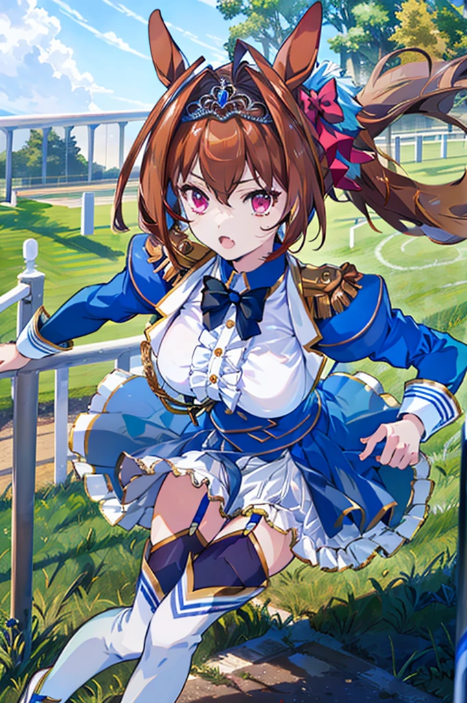 、 Daiwa Scarlet  \(Horse Girl\)、Red eyes、ribbon、赤いribbon、 tiara 、Epaulettes、Puffy long sleeves、 Juliet Sleeve、Black bow tie、 white shirt、 Framed Chest 、 blue jacket 、 blue dress 、 Center Frill 、 underbust、 Layered Skirt 、 Garter Strap 、 White Thigh High Socks 、White footwear、 absurd、 Hi-Res、( Official Art、 Beautiful and Aesthetic:1.4)、Super detailed、Aerial、Beautiful person、Sprint コース、 horizon 、Grass、guardrail、Sprint、 Inspiration 、(Part of a Betting Ticket :1.3) (Wind effect:1.2)、