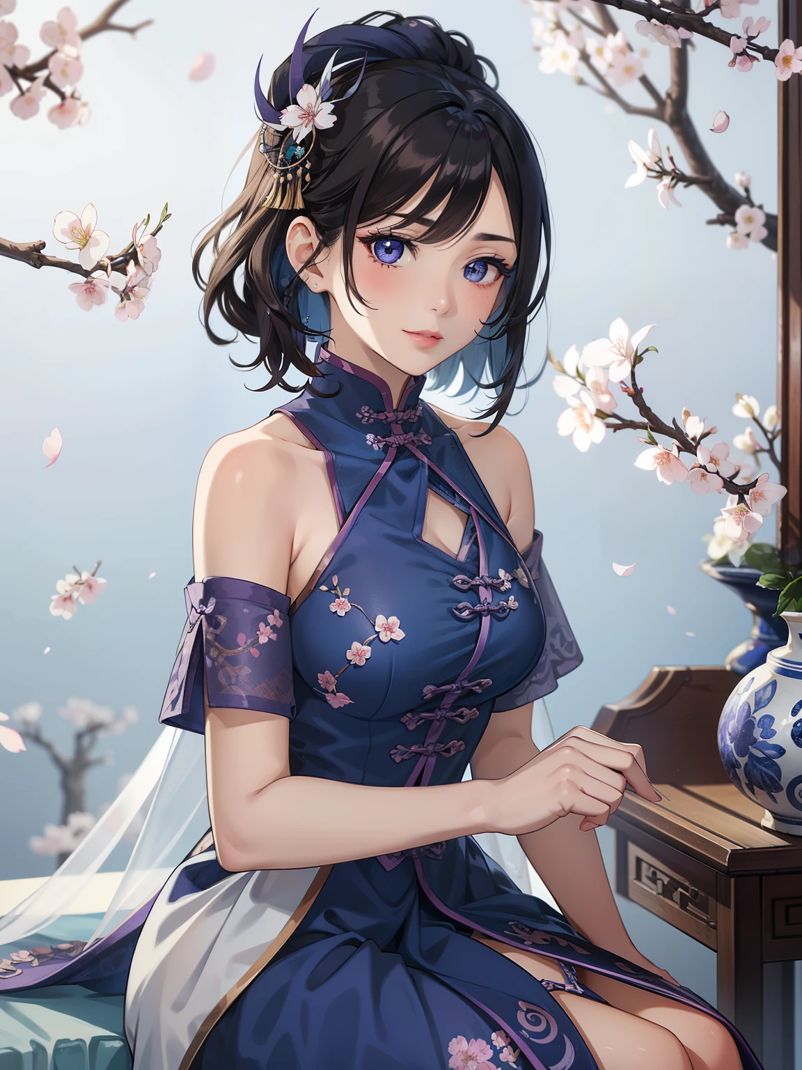 (high-quality, breathtaking),(expressive eyes, perfect face) 1female, girl , solo, teenager, asian woman hairstyle, short hair length, soft wave, black hair color, Heterochromia left eye blue and right eye purple, white and black dress, shawl, blue and purple background, music, gentle smile, swirls in background, music notes background, beautiful background, symmetrical eyes, Qing Dynasty Costumes, hairpin, cherry blossom background
