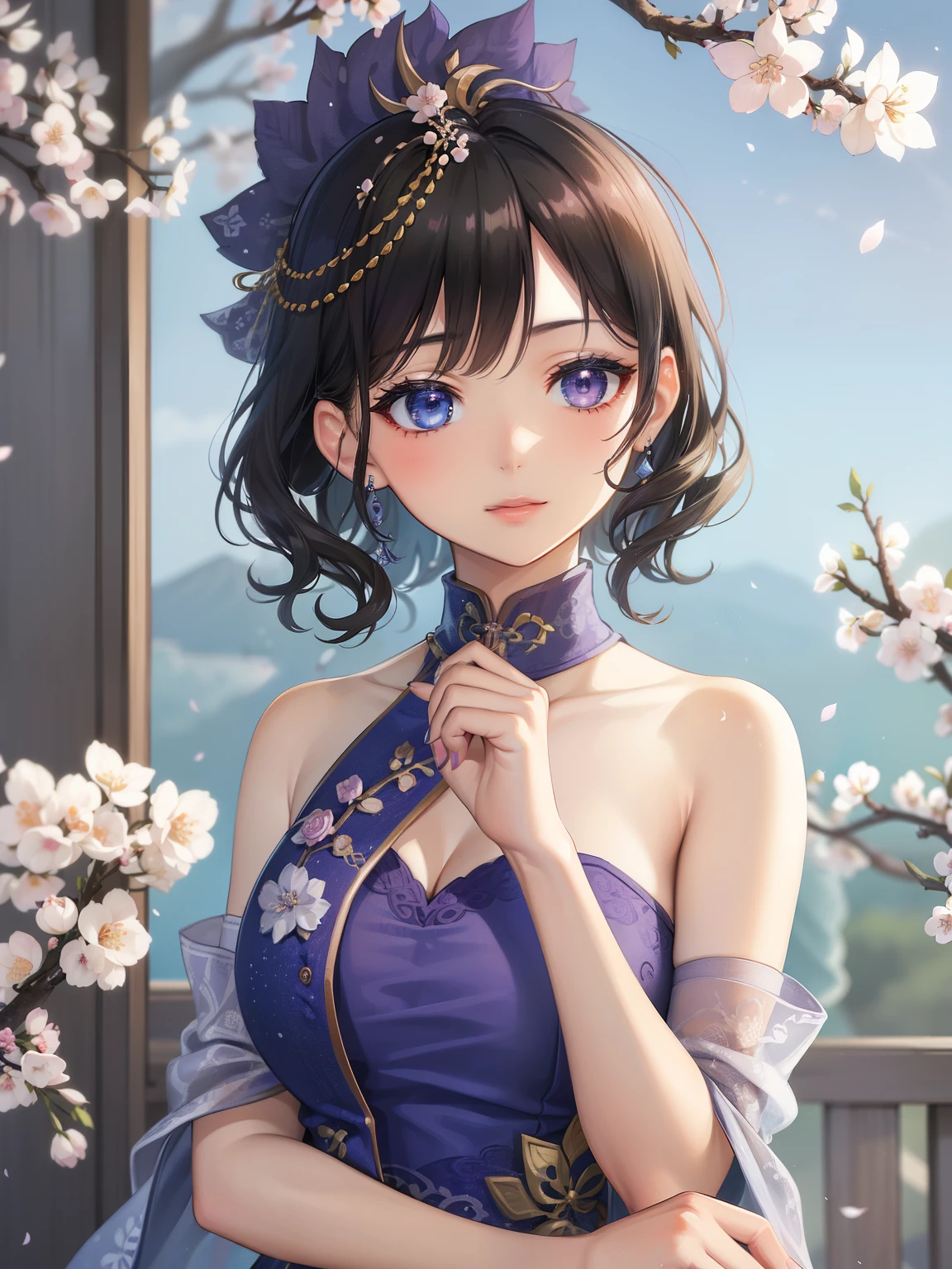 (high-quality, breathtaking),(expressive eyes, perfect face) 1female, girl , solo, teenager, asian woman hairstyle, short hair length, soft wave, black hair color, Heterochromia left eye blue and right eye purple, white and black dress, shawl, blue and purple background, music, gentle smile, swirls in background, music notes background, beautiful background, symmetrical eyes, Qing Dynasty Costumes, hairpin, cherry blossom background
