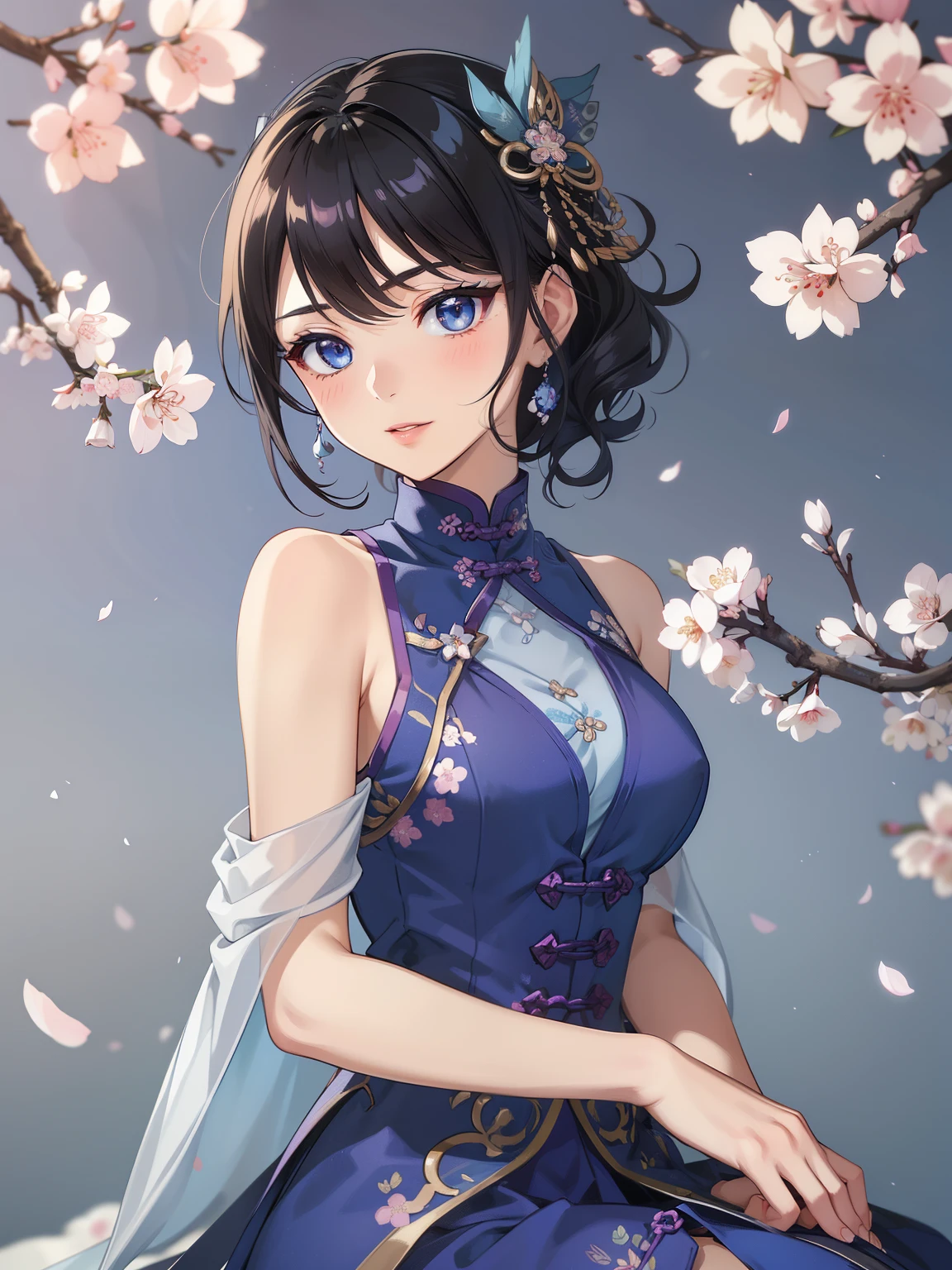 (high-quality, breathtaking),(expressive eyes, perfect face) 1female, girl , solo, teenager, asian woman hairstyle, short hair length, soft wave, black hair color, Heterochromia left eye blue and right eye purple, white and black dress, shawl, blue and purple background, music, gentle smile, swirls in background, music notes background, beautiful background, symmetrical eyes, Qing Dynasty Costumes, hairpin, cherry blossom background
