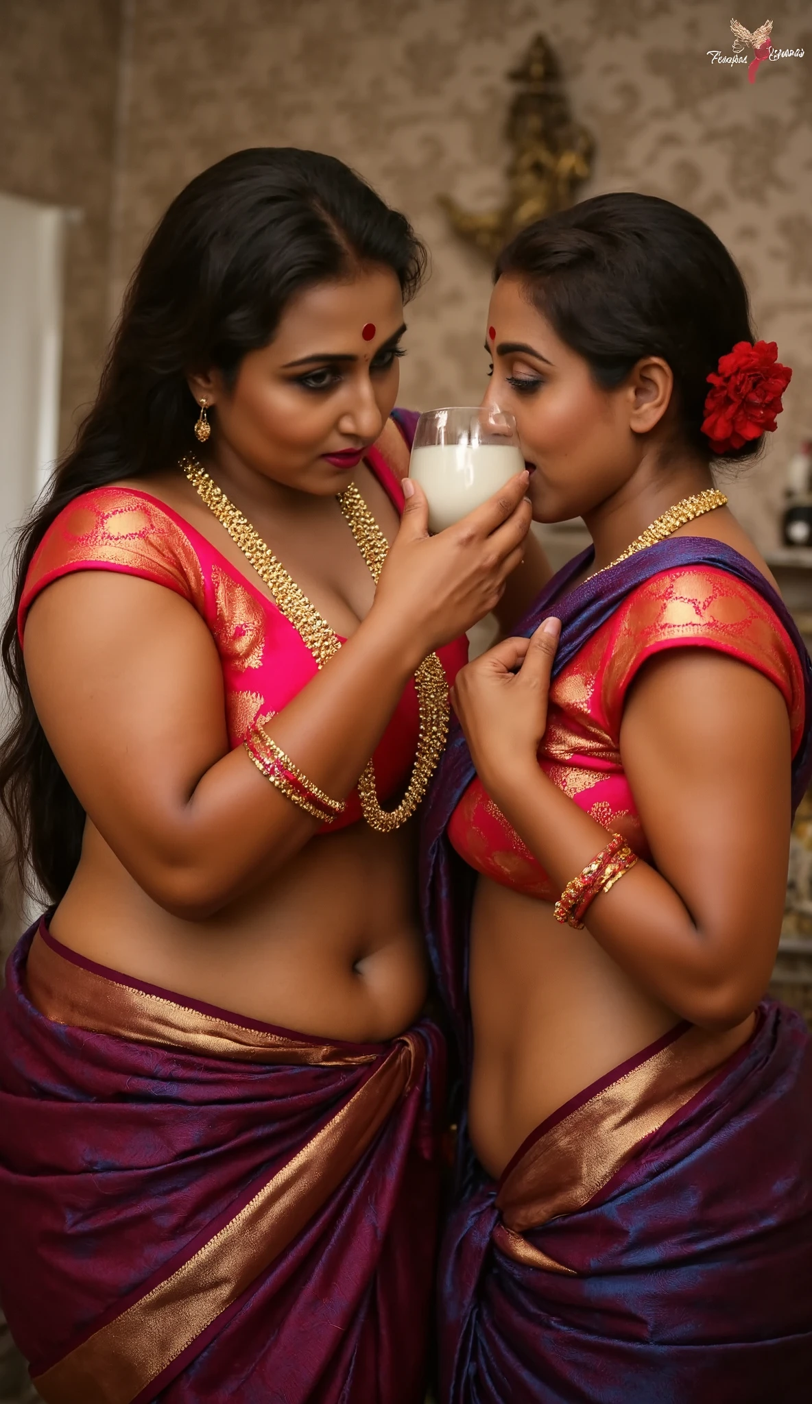 In a sumptuous, traditional indoor setting, the South Asian woman stands near the 20yo black african boy, radiating an aura of irresistible seduction. Dressed in a maroon sari with intricate gold embroidery, the fabric hugs her voluptuous curves, accentuating her thick body and hourglass shape. Every movement she makes is purposeful, drawing attention to her big breasts and wide hips. Her gold jewelry—necklace, bangles, and nose ring—shines with elegance, further enhancing her regal presence.

Her updo hairstyle, adorned with a red flower and gold hairpin, perfectly frames her face, which is defined by bold, smoky eyes and long curled lashes. Her cat-like gaze is both intense and luring, pulling in anyone who dares to meet her eyes. Her lips curl into a teasing smile, playful and provocative, as she slowly lifts a glass of milk to her lips.

As the boy watches, she takes a deliberate sip, her eyes never leaving his. She swirls the milk around in the glass for a moment, savoring the smooth texture, her full lips parting slightly as she drinks, the sensuality of the act amplified by the intimacy of the moment. Her gaze deepens, the air thick with the sensual tension between them, as she leans slightly toward him, offering him a knowing, teasing smile. The milk, white and smooth, contrasts with the deep red of her sari and the gold accents of her jewelry, a visual feast of elegance and indulgence.

With a playful glint in her eye, she places the glass down and encourages him to drink more, though this time her seductive cheering takes on a new intensity, as she herself savors the milk with slow, deliberate movements. Her body language oozes confidence, as if she’s fully in control of the situation, coaxing the boy with both her charm and her actions.

The african boy waering a black shorts only, remains captivated, his hand still resting on her shoulder, but his focus is entirely on her. The room is bathed in warm lighting, and the ornate wallpaper with subtle beige a