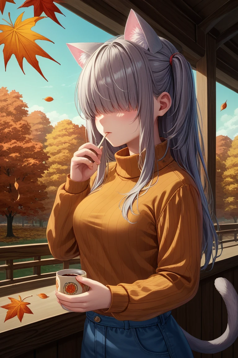 1girl,dramatic angle,blush,(no eyes,hair over eyes,grey hair,two side up),(cat ears,cat tail),Autumn Clothes、She is wearing a knitted sweater,(The scenery is full of colorful orange autumn leaves., red, yellow.), The leaves are falling around her,Autumn background、The background is a pale pastel colored landscape.,medium breasts,Nice hands,Perfect hands,detailed background,Inside the Cafe,While drinking tea,Autumn background,The background is a pale pastel colored landscape.,Outside the window,the colorful leaves are dyed orange.