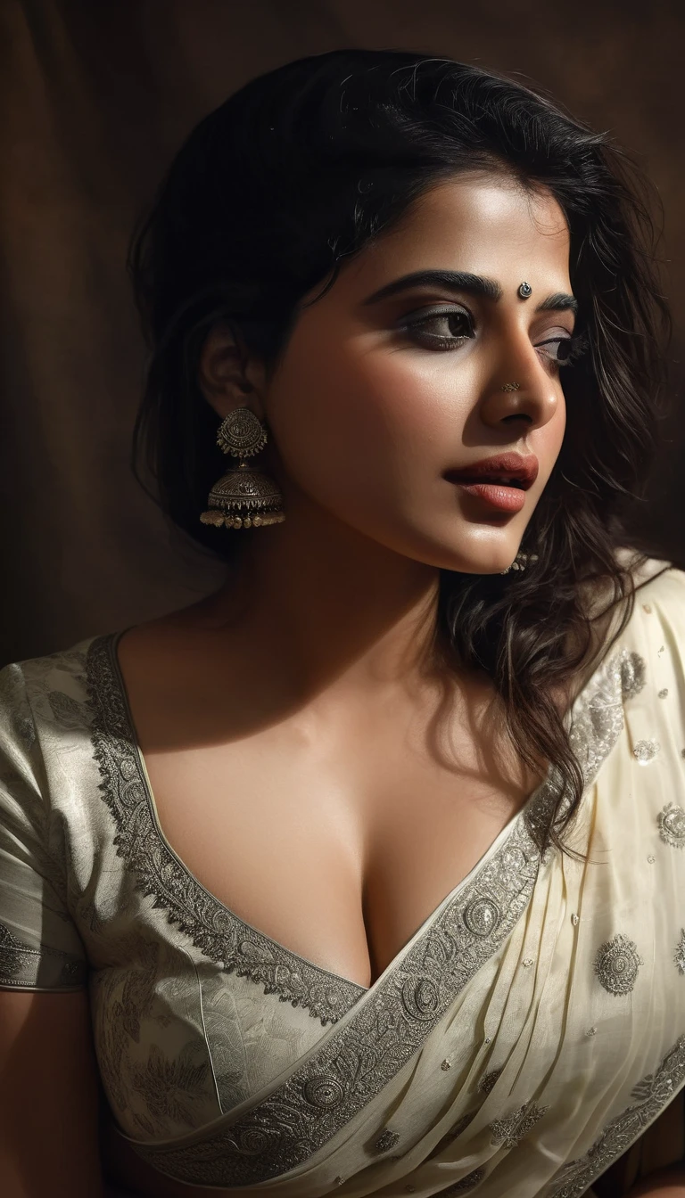 busty women, saree, pale white skin tone, upper half body, extreemly detailed skin, photorealistic, high quality, highly detailed, 8k, cinematic lighting, female portrait, hyper realistic, dramatic lighting, extremely detailed, oil painting, chiaroscuro, digital painting, volumetric fog, dramatic pose, dynamic composition, ketika sharma 