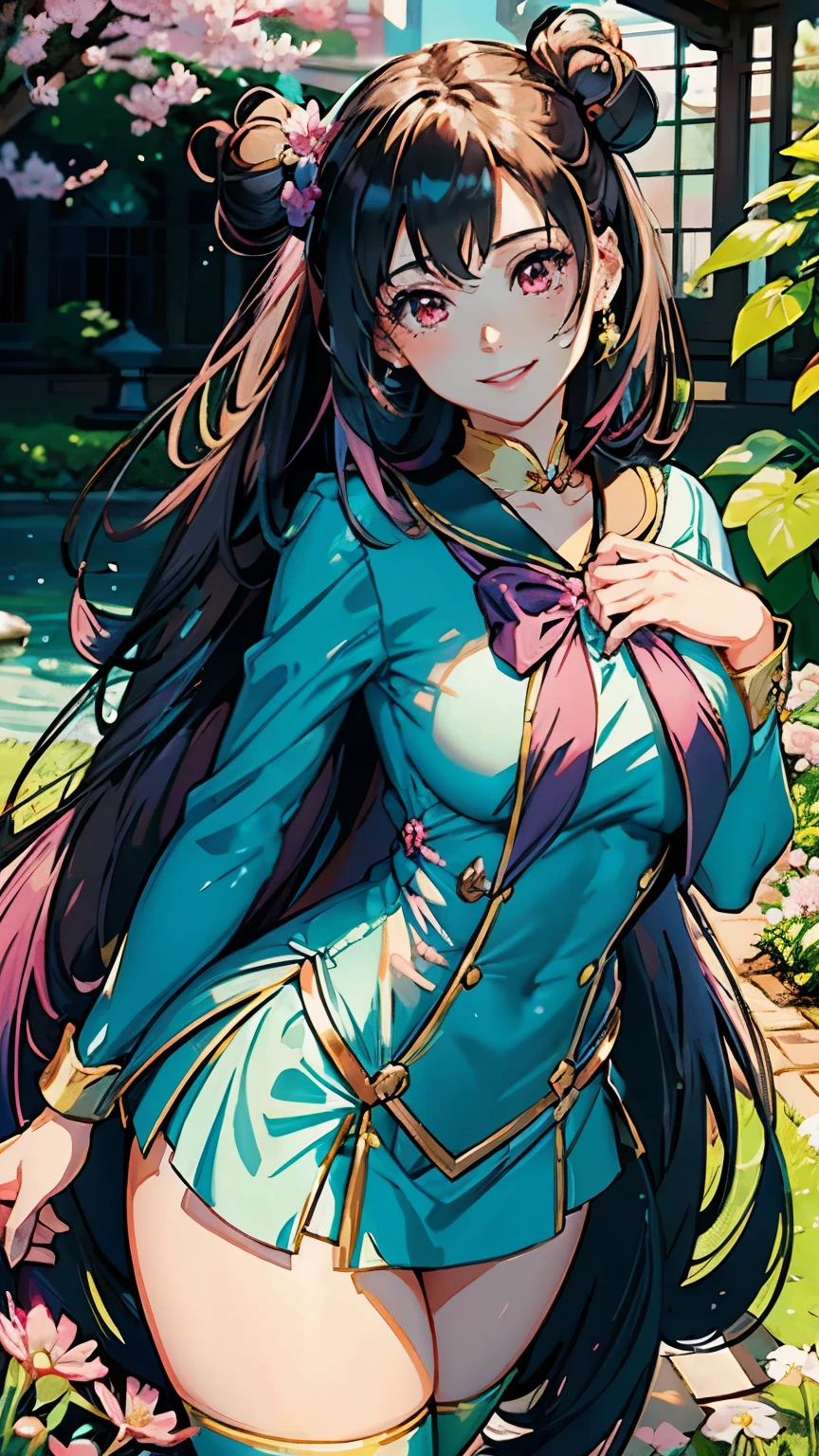 A beautiful Indonesian model with long, flowing hair and vibrant teal and pink gold silk school uniform clothes, standing gracefully in a lush garden surrounded by colorful flowers, sakura blossoms, and butterflies. The model has detailed facial features including bright brown eyes, rosy lips, and an enchanting smile, high resolution, and masterpiece quality. Additional details include the model's intricate hair accessories, and a fairytale-like background, Double hair buns, sailor moon hair style, thighs up, bright colors, sunny, smiling, happy, laughing