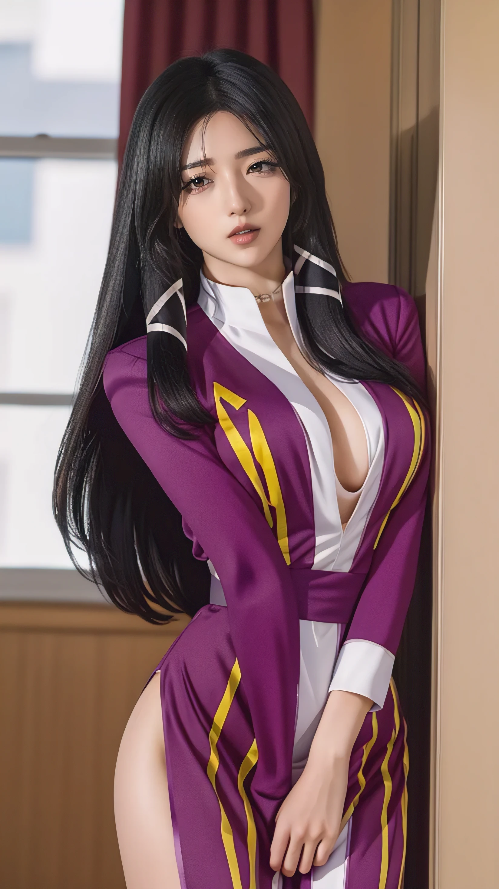 (night:1.7), In front of the window with the curtain, curtain, Stand in an upright and immobile position, purple costume, Checked skirt,
 jewelry, necklace, Black Hair, Yellow eyes, Very long hair, 1girl, robe, Mature Woman, beautiful Finger,beautiful long legs, beautiful bodysuit, beautiful Nose, beautiful character design, Perfect Eyes, perfect face, View your viewers, (close:1.3), Browsing Caution, Official Art, Very detailed CG Unity 8k wallpaper, Perfect lighting,colorful, bright_front_face_Lighting,
(masterpiece:1.0),(Highest_quality:1.0), 超High resolution,4K,Very detailed, photograph, 8k, High resolution, High resolution, Absurd:1.2, 400 for Kodak Port, Film Grain, Blurred Background, bokeh:1.2, Lens flare, (Vibrant_color:1.2)
(beautiful,big_chest:1.0), (beautiful_face:1.5),(narrow_Waist), Iki face, nsfw, full body