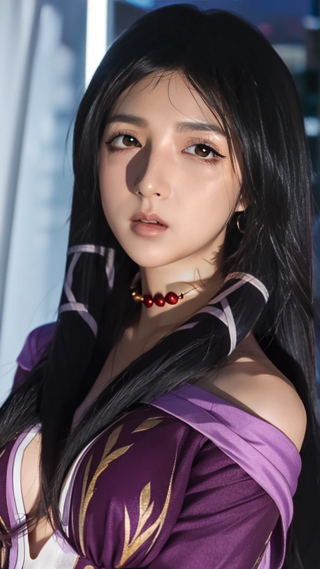 (night:1.7), In front of the window with the curtain, curtain, Stand in an upright and immobile position, purple costume, Checked skirt,
 jewelry, necklace, Black Hair, Yellow eyes, Very long hair, 1girl, robe, Mature Woman, beautiful Finger,beautiful long legs, beautiful bodysuit, beautiful Nose, beautiful character design, Perfect Eyes, perfect face, View your viewers, (close:1.3), Browsing Caution, Official Art, Very detailed CG Unity 8k wallpaper, Perfect lighting,colorful, bright_front_face_Lighting,
(masterpiece:1.0),(Highest_quality:1.0), 超High resolution,4K,Very detailed, photograph, 8k, High resolution, High resolution, Absurd:1.2, 400 for Kodak Port, Film Grain, Blurred Background, bokeh:1.2, Lens flare, (Vibrant_color:1.2)
(beautiful,big_chest:1.0), (beautiful_face:1.5),(narrow_Waist), Iki face, nsfw, full body