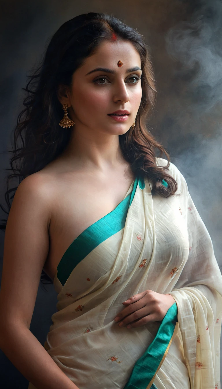 busty women, saree, pale white skin tone, upper half body, extreemly detailed skin, photorealistic, high quality, highly detailed, 8k, cinematic lighting, female portrait, hyper realistic, dramatic lighting, extremely detailed, oil painting, chiaroscuro, digital painting, volumetric fog, dramatic pose, dynamic composition, longford