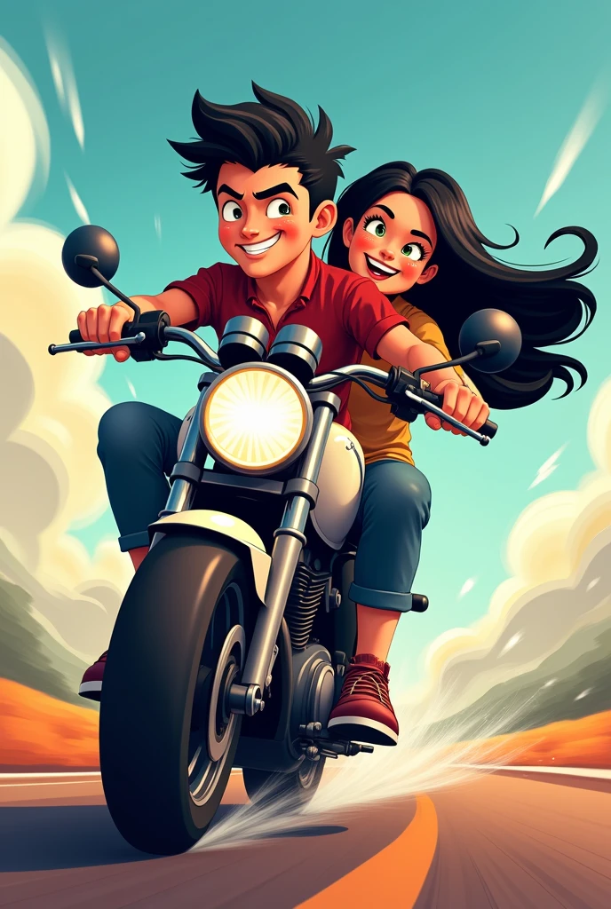 a boy and a girl traveling on a red adventure motorcycle. The boy is driving the motorcycle. The boy has a green helmet. The girl has a blue helmet. the girl has long black hair. the motorcycle moves from left to right of the image