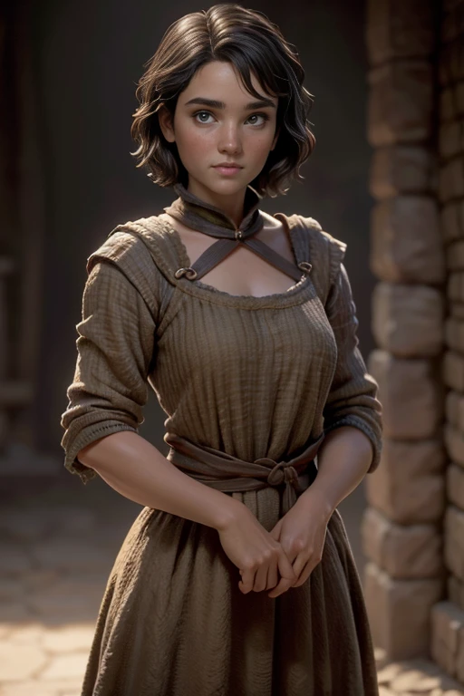 Peasant woman from " Game of Thrones",  short hair , brown eyes, Confident and determined , firm stance,  safe expression,  Natural lighting,  ultra resolution ,  plain white background , without patterns, No textures.