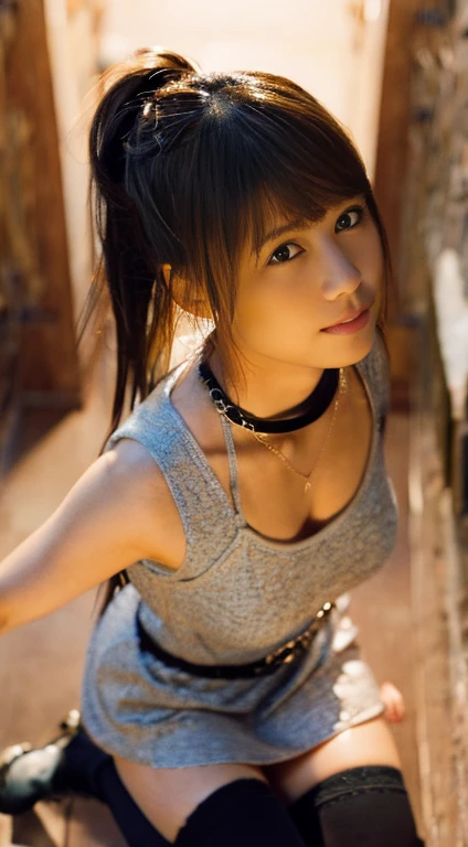  famous Japanese idol , yo, Golden Armor,  sleeveless shirt ,  shorts made of metal,  long gloves made of metal , Long brown hair,  hair braided on the side , Thready hair,  Expressive Hair ,  well-groomed, thin, lowered eyebrows , Light-pigmented eyes,  sad eyes , charming saggy eyes , Fair and beautiful skin,  supple physical beauty like a girl, Voluptuous thighs, small tattoo on upper arm,  Girl Warrior who won the battle to the death ,  Hi-Res, masterpiece, accurate,  anatomically correct,  that won numerous awards , 最 high quality,  high definition model,  high detail ,  high quality,  RETINA,  very detailed,  textured skin,  Ultra High Definition,  RAW Photos, 16k, Clear photos