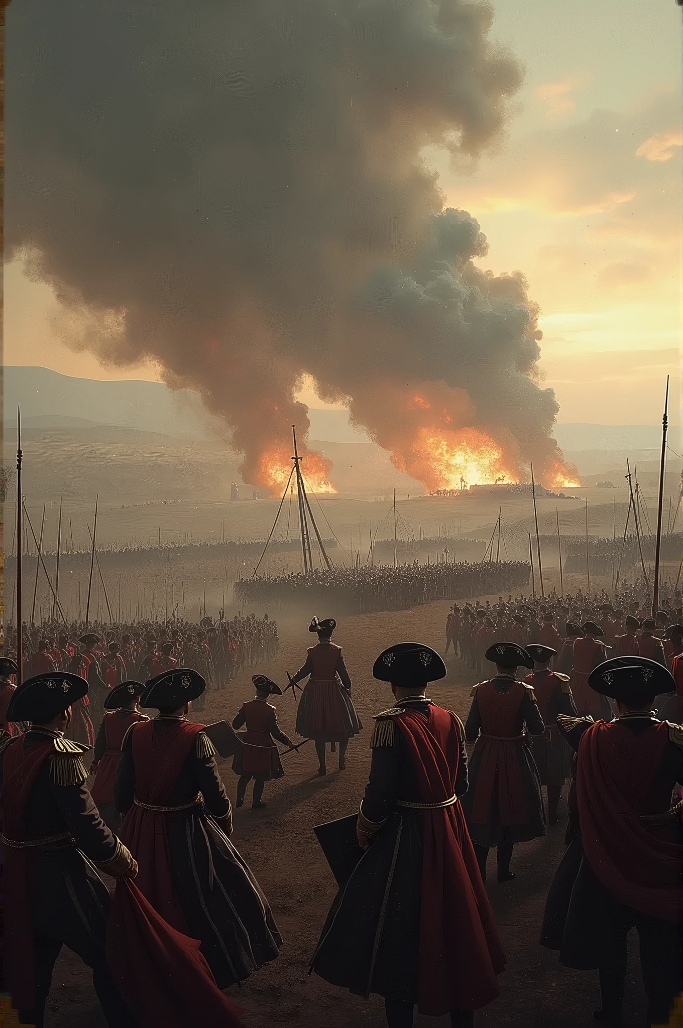 battle, epic, melee, battlefield, dramatic, smoke, canons, fire, castles, close up,
hihtly detailed, cinematic, 8k, high contrast, sharp,
<lora:Napoleonic_Era_Battle_Painting:0.8>
