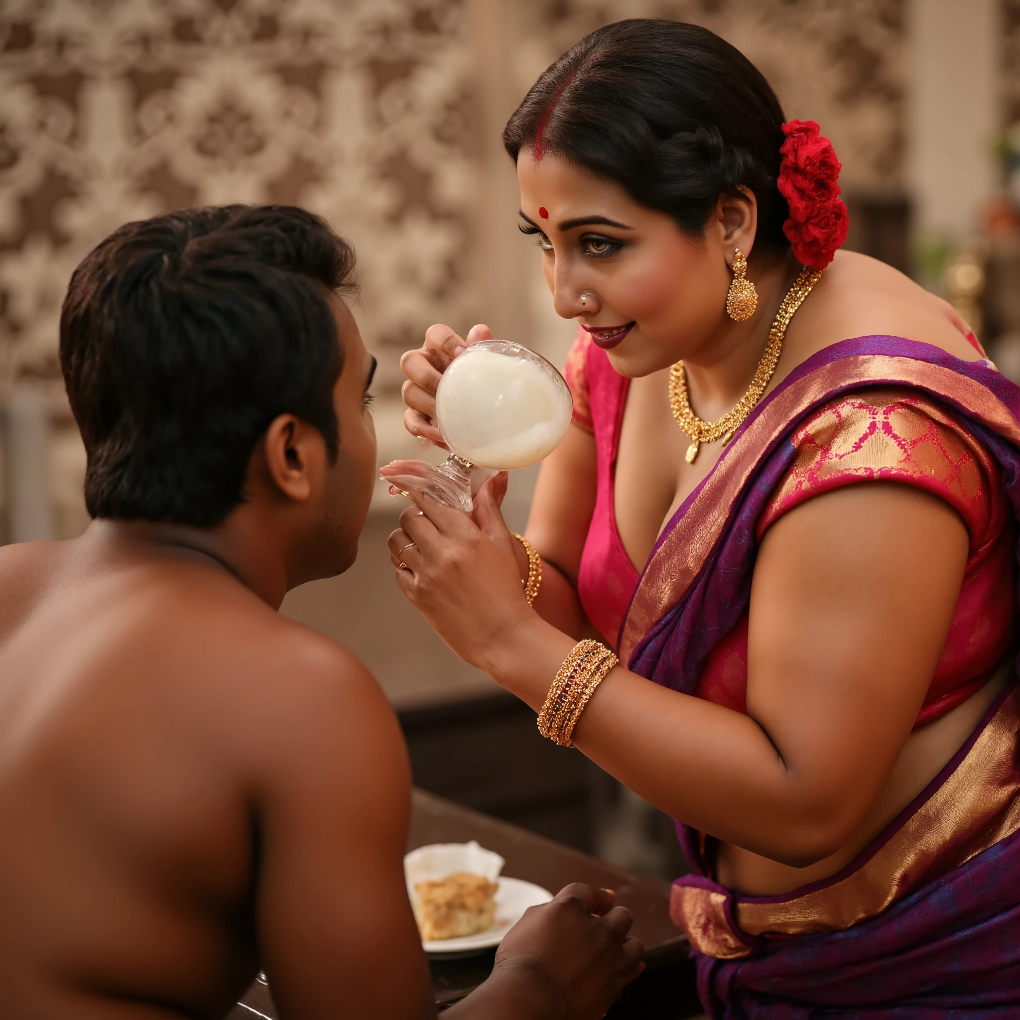 In a sumptuous, traditional indoor setting, the South Asian woman stands near the 20yo black african boy, radiating an aura of irresistible seduction. Dressed in a maroon sari with intricate gold embroidery, the fabric hugs her voluptuous curves, accentuating her thick body and hourglass shape. Every movement she makes is purposeful, drawing attention to her big breasts and wide hips. Her gold jewelry—necklace, bangles, and nose ring—shines with elegance, further enhancing her regal presence.

Her updo hairstyle, adorned with a red flower and gold hairpin, perfectly frames her face, which is defined by bold, smoky eyes and long curled lashes. Her cat-like gaze is both intense and luring, pulling in anyone who dares to meet her eyes. Her lips curl into a teasing smile, playful and provocative, as she slowly lifts a glass of milk to her lips.

As the boy watches, she takes a deliberate sip, her eyes never leaving his. She swirls the milk around in the glass for a moment, savoring the smooth texture, her full lips parting slightly as she drinks, the sensuality of the act amplified by the intimacy of the moment. Her gaze deepens, the air thick with the sensual tension between them, as she leans slightly toward him, offering him a knowing, teasing smile. The milk, white and smooth, contrasts with the deep red of her sari and the gold accents of her jewelry, a visual feast of elegance and indulgence.

With a playful glint in her eye, she places the glass down and encourages him to drink more, though this time her seductive cheering takes on a new intensity, as she herself savors the milk with slow, deliberate movements. Her body language oozes confidence, as if she’s fully in control of the situation, coaxing the boy with both her charm and her actions.

The african boy is shirtless, remains captivated, his hand still resting on her shoulder, but his focus is entirely on her. The room is bathed in warm lighting, and the ornate wallpaper with subtle beige a