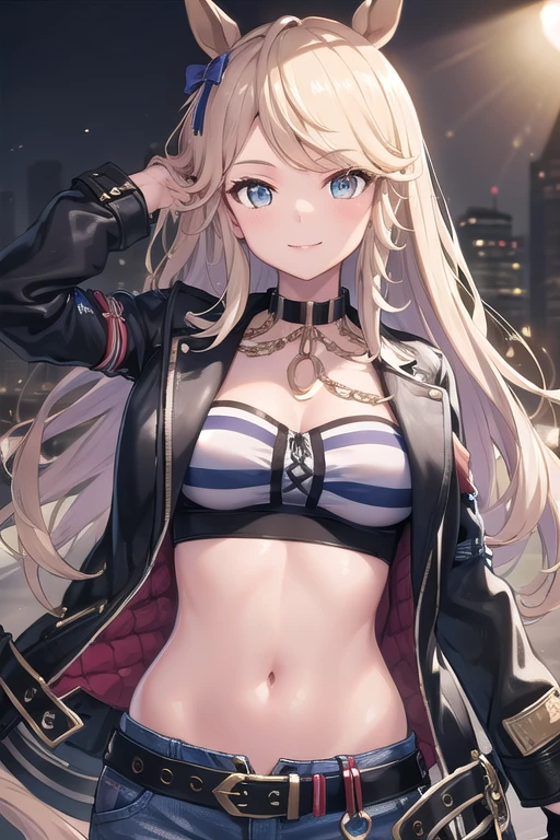 top-quality、Top image quality、masterpiece、girl with((cute little、18year old、Best Bust、Medium bust、Bust 85,Red eyes to issue、Breasts wide open,Valley、Blonde long hair、A slender、Black leather bra、Black leather jacket、White trousers、A face that looks happy、weightless、float、splatters、levitation)hiquality、Beautiful Art、Background with((sky at night、mid air、meteors)),masutepiece、Elaborate design、visualart、depth of fields、Being in the air