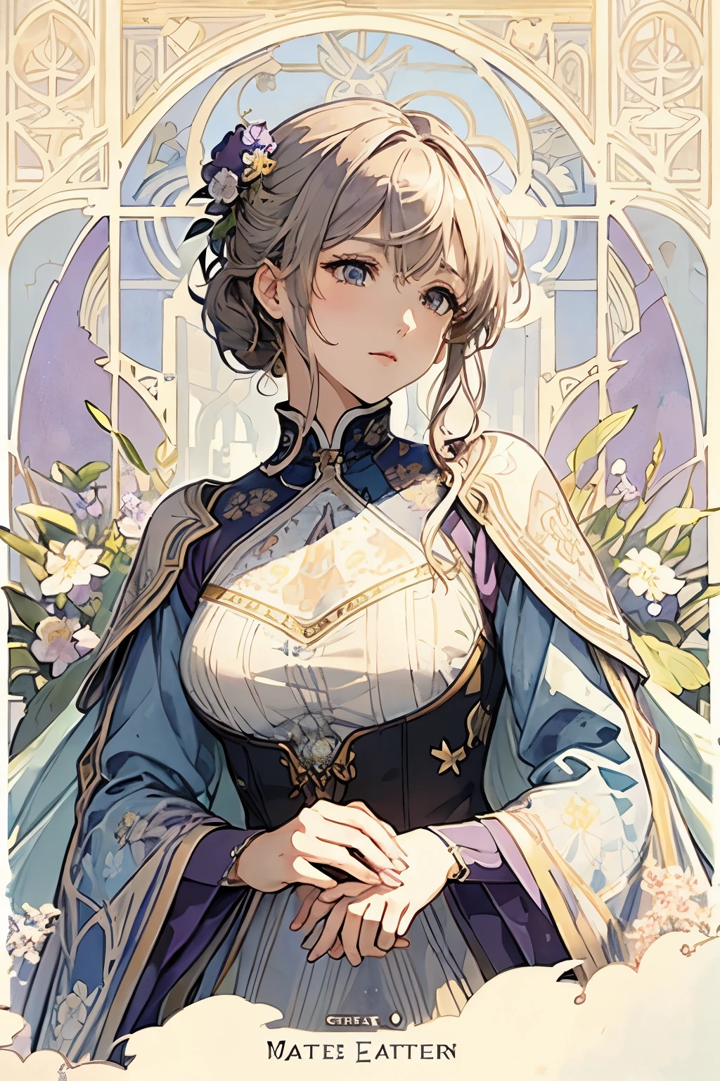 Violet Evergarden Portrait 、Art Nouveau watercolor、 Intricate Designs and Patterns in Alphonse Mucha Style、Floral_background、 Movie-like 、masterpiece、 best quality、High image quality、8k、wallpaper、
