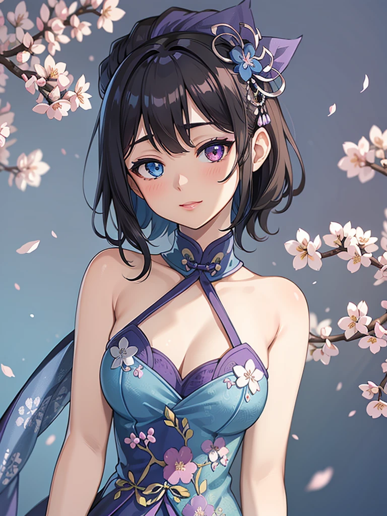 (high-quality, breathtaking),(expressive eyes, perfect face) 1female, girl , solo, teenager, asian woman hairstyle, short hair length, soft wave, black hair color, Heterochromia left eye blue and right eye purple, white and black dress, shawl, blue and purple background, music, gentle smile, swirls in background, music notes background, beautiful background, symmetrical eyes, Qing Dynasty Costumes, hairpin, cherry blossom background
