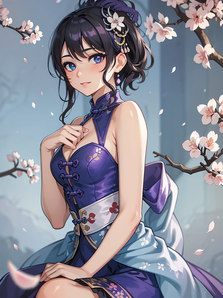 (high-quality, breathtaking),(expressive eyes, perfect face) 1female, girl , solo, teenager, asian woman hairstyle, short hair length, soft wave, black hair color, Heterochromia left eye blue and right eye purple, white and black dress, shawl, blue and purple background, music, gentle smile, swirls in background, music notes background, beautiful background, symmetrical eyes, Qing Dynasty Costumes, hairpin, cherry blossom background
