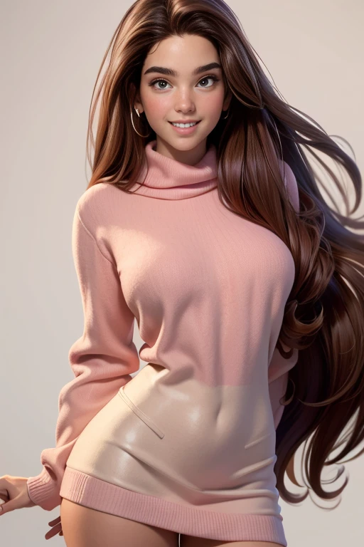 Young 19-year-old woman , long pink hair,  brown eyes , red sweater,  sexy white miniskirt ,  shiny lips,  smiling with seduction,  Natural lighting,  ultra resolution ,  plain white background , without patterns, No textures.