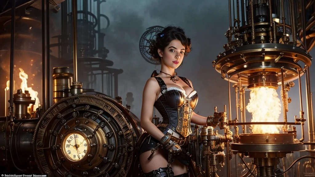 Create a mesmerizing image of a steampunk pin-up engineer in a Victorian-inspired outfit, surrounded by swirling gears and atmospheric steam. Emphasize intricate details like brass accessories and whimsical inventions, while capturing the engineer's confident expression and creative aura. Transport the viewer to a world where retro-futurism meets elegance, inviting them to explore the wonders of this fantastical realm.