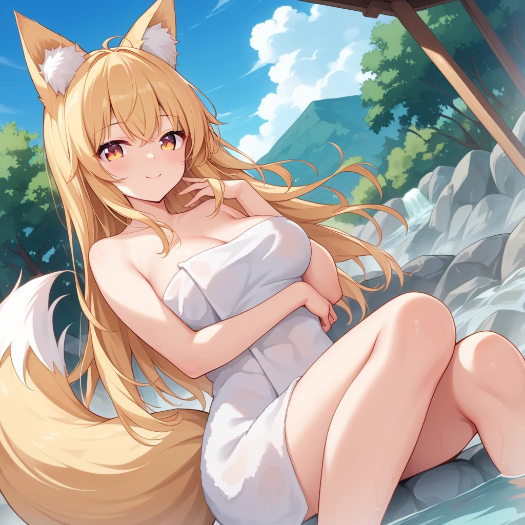 topquality, The Wolf Girl, holo, (Ookami in Kushinryo), Perfect skin, realisic skin, Highest resolution enclosure, Frame sharpness, Full HD, Detail Skin, 8K, (Girl at the Hot Springs), ноч, nightfall, luna, darkness, Girl Ideal body proportions, The girl stretches her arms up, (little chest:1.4), beautiful breasts, (((NSFW))), Ideal breast proportions, (Full-length view-front view), handsome body, Girl sitting, perfect foots, Smiling, (the girl has a wolf's tail on her lower back:1.3), The tail does not cover the butt, Perfect body proportions ,Torsion-free housing, A body without mistakes, Without granular bezel, steam, The girl is wet, Towel, girl embarrassment