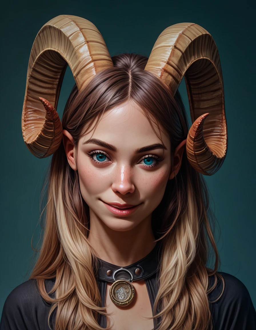 фотоrealism,photo, winks at us maximum detail ,  image of a beautiful young woman,  Realistic,  в стиле pin-up. ((SHE HAS SHEEP HORNS )).  light discreet smile , coquette,realism,neutral background, sweet facial expression ,slight tilt of the head,подмигивает нам,