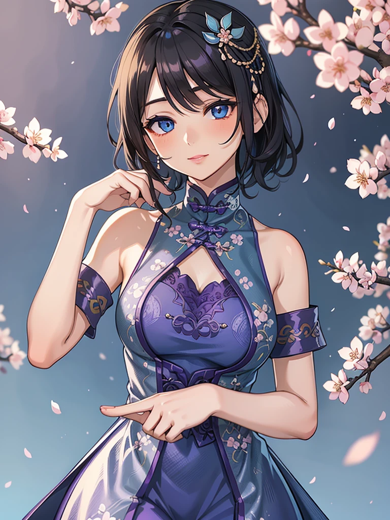 (high-quality, breathtaking),(expressive eyes, perfect face) 1female, girl , solo, teenager, asian woman hairstyle, short hair length, soft wave, black hair color, Heterochromia left eye blue and right eye purple, white and black dress, shawl, blue and purple background, music, gentle smile, swirls in background, music notes background, beautiful background, symmetrical eyes, Qing Dynasty Costumes, hairpin, cherry blossom background
