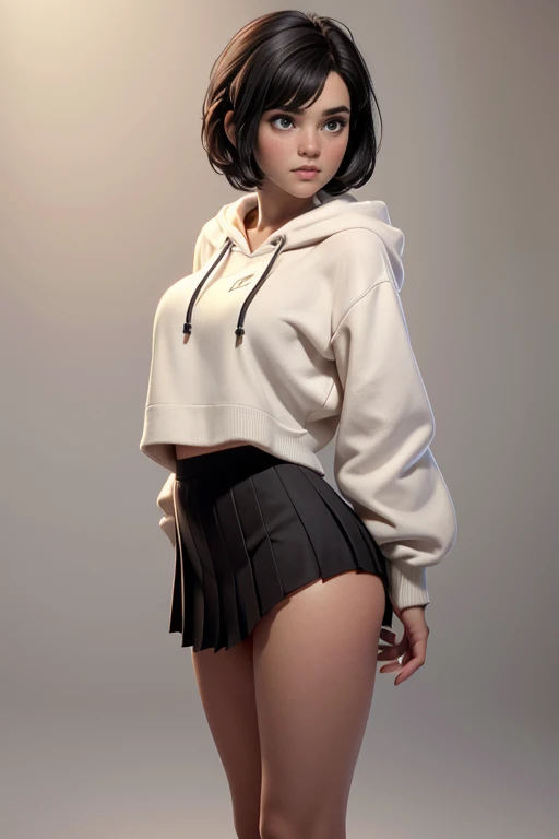 Young woman,  short black hair, brown eyes,  wearing a white hoodie,  black pleated skirt ,  white thigh-high stockings ,  Natural lighting,  ultra resolution ,  plain white background , without patterns, No textures.