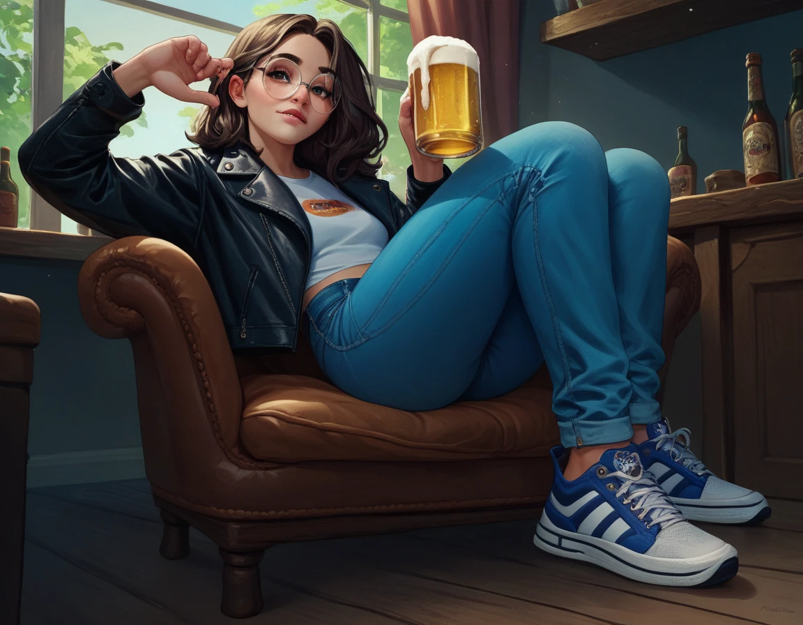  A beautiful funny frog with round glasses, in a leather jacket, blue jeans and sneakers ,  sat down with a beer in her hand in a chaise longue chair ,cuteness ,humor