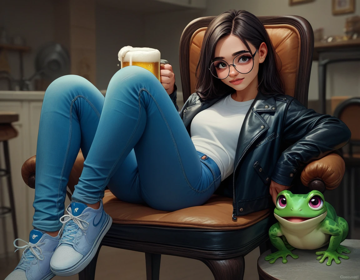  A beautiful funny frog with round glasses, in a leather jacket, blue jeans and sneakers ,  sat down with a beer in her hand in a chaise longue chair ,cuteness ,humor