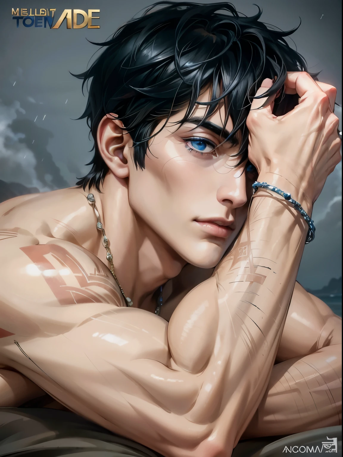 NSFW, male, lean body, huge cock, naked, Teal messy worl fcut, shinging green ocean eyes, feminine face, small lips, big eyes, masterpiece, 8k, photorealistic, chiaroscuro lighting, dramatic shadows, cinematic composition, ocean background, sitting