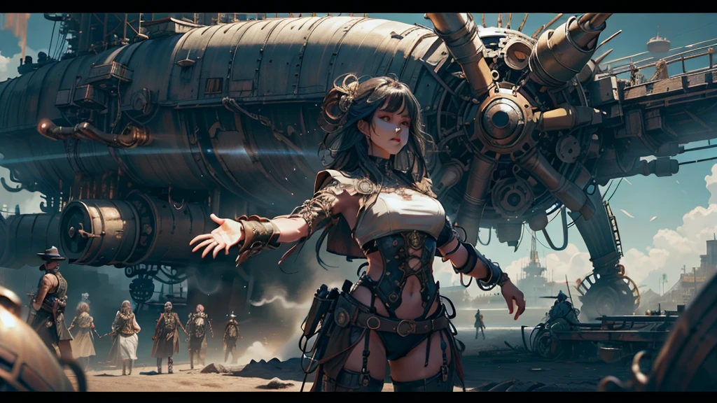 suggestive pose, random hair color, random eye color, Tenebrism art style painting,oil on canvas,(((huge big natural saggy breasts,very noticeable cameltoe))),steampunk airship background landscape,Complete Steampunk Clothes Intricade Details, WLOP, sakimichan,greg latkowski, Alphonse Mucha, Makoto Shinkai, Stanley Art Jem Lau, Ross Droz, surreal,art station trends, unreal engine 5, 8k,concept art,digital paint, splash art, splash paint, face portrait,grunge painting, written by banksy, Written by Greg Tocchini, Written by James Gillard, Written by Joe Fenton, Written by Keith Butcher, very detailed, symmetrical, octane rendering, concept art, Artistic, cinematic, super sharp focus, very detailed, Vibrant soul, perfection