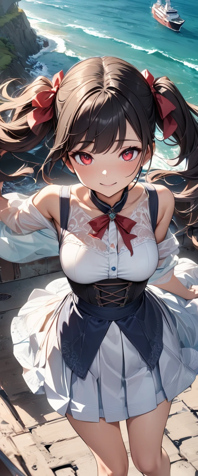 (masterpiece, best quality:1.2), samidare asahina, 1girl, brown eyes, brown hair, (tits cleavage:1.15), (waving is hands:1.2), (breasts close up:1.15), (suspenders:1.2), (dress:0.65), (blue clothes:1.05), (belts:0.7), (frills shirt:1.2), (white knit sweater:1.2), camisole, exposed breasts, straps, (cross:1.05), upper body, (long wavy hair:1.2), (one side up:1.2), nun, long sleeves, (both hands:1.15), (perfect hands:1.05), (five fingers:1.05))), background ((red sky, dawn, rose, rose garden, castle, horizon, colorful:1.43))